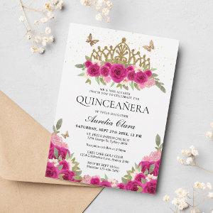 Elegant Glam Pink Floral Gold Tiara Quinceanera