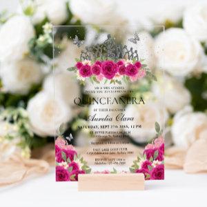 Elegant Glam Pink Floral Silver Tiara Quinceanera Acrylic