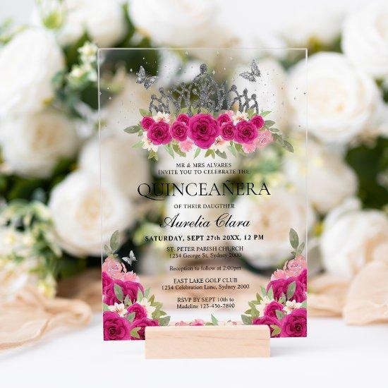 Elegant Glam Pink Floral Silver Tiara Quinceanera Acrylic