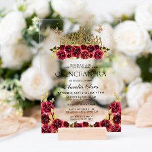 Elegant Glam Red Floral Gold Tiara Quinceanera Acrylic