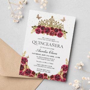 Elegant Glam Red Floral Gold Tiara Quinceanera