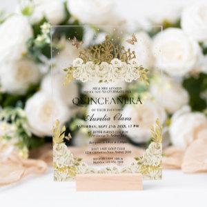 Elegant Glam White Floral Gold Tiara Quinceanera Acrylic