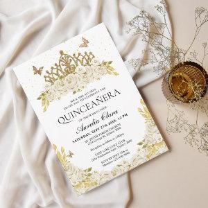Elegant Glam White Floral Gold Tiara Quinceanera