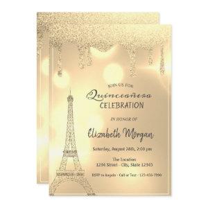 Elegant Glitter Drips,Gold Eiffel Tower Bokeh