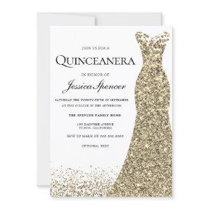 Elegant Glitter Gold Dress Quinceanera Invite
