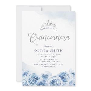 Elegant glitter script blue floral Quinceanera