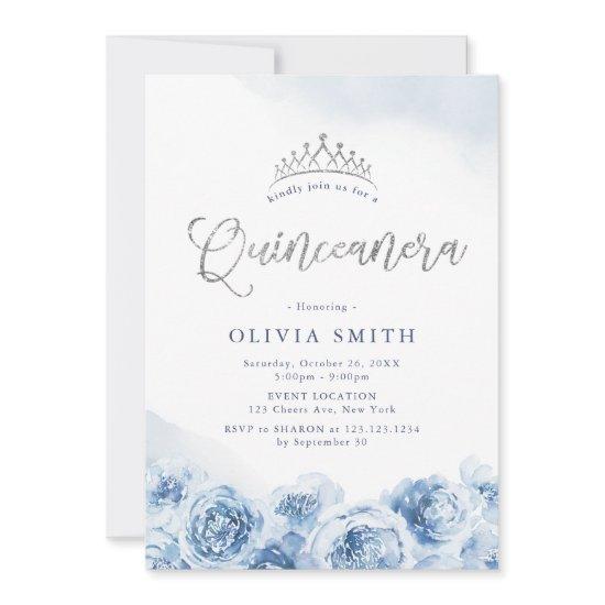 Elegant glitter script blue floral Quinceanera