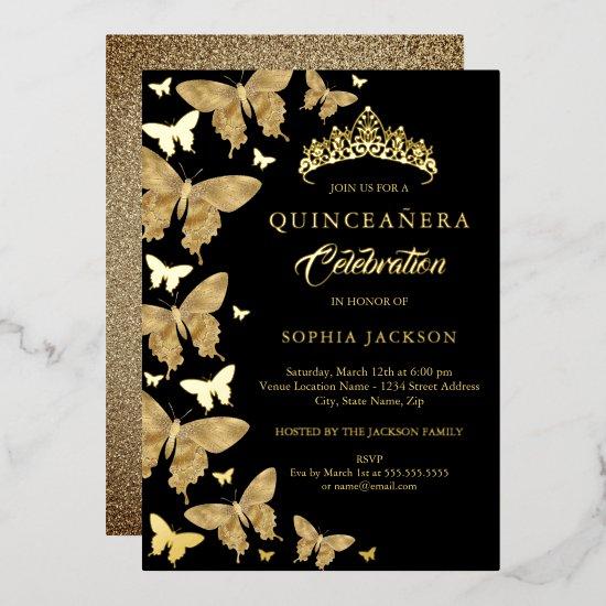 Elegant Gold And Black Butterfly Quinceanera Foil