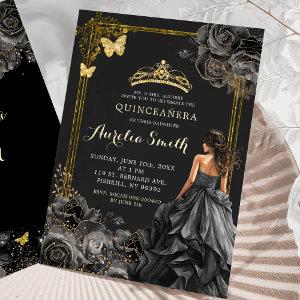 Elegant Gold and Black Roses Princess Quinceañera