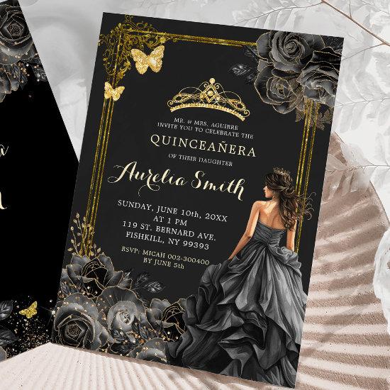 Elegant Gold and Black Roses Princess Quinceañera