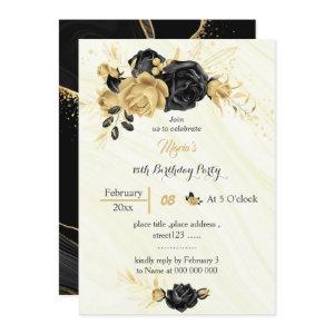 Elegant gold & black flowers birthday
