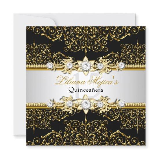Elegant Gold & Black Swirl Damask Quinceanera