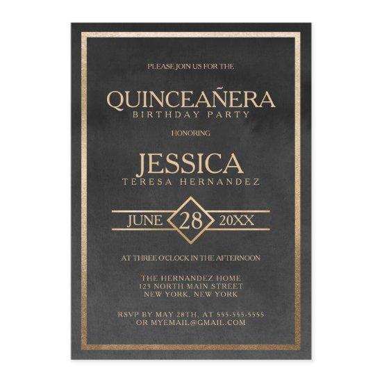Elegant Gold Black Watercolor Frame Quinceañera