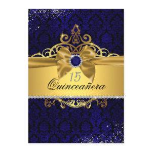 Elegant Gold Blue Damask Quinceanera Invite