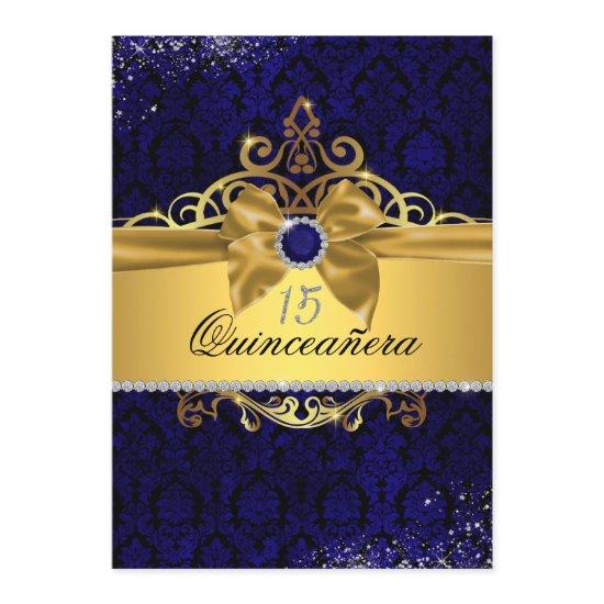 Elegant Gold Blue Damask Quinceanera Invite