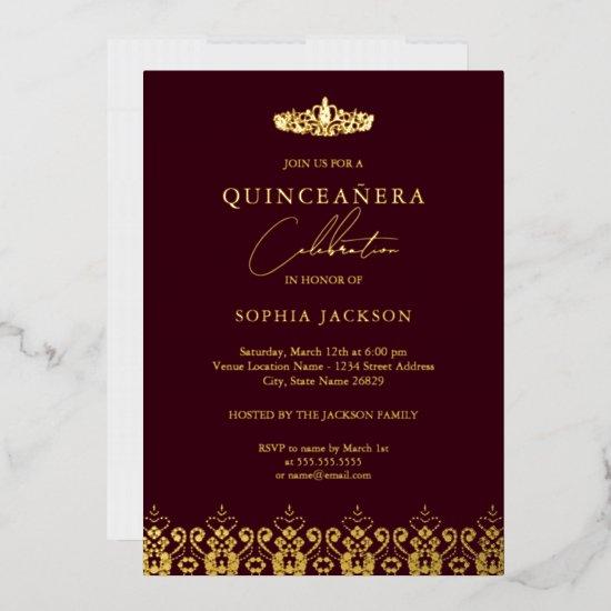 Elegant Gold Burgundy Tiara Quinceanera  Foil