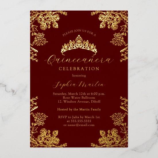 Elegant Gold Burgundy Vintage Quinceanera  Foil