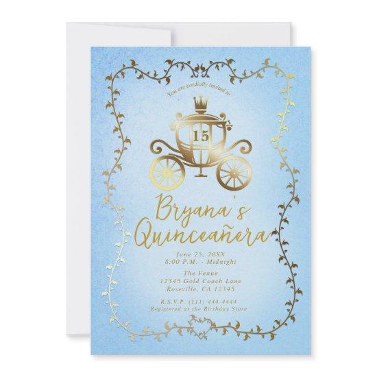 Elegant Gold Carriage Blue Storybook Quinceañera