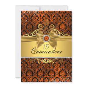 Elegant Gold Copper Damask Quinceanera Invite