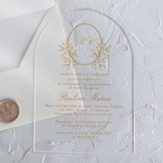 Elegant Gold Crest Formal Quinceañera Acrylic