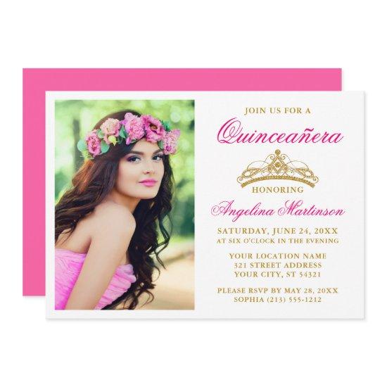 Elegant Gold Crown Photo Hot Pink Quinceanera