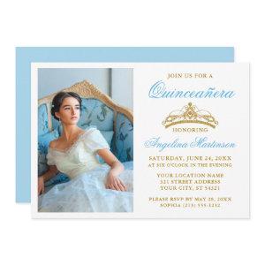 Elegant Gold Crown Photo Light Blue Quinceanera