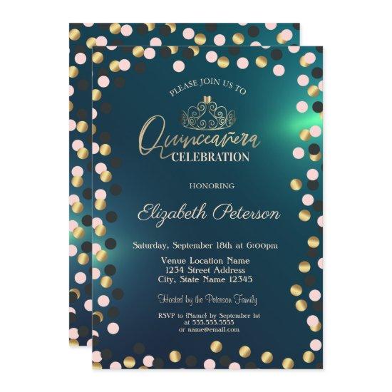 Elegant Gold Dots, Tiara Green Quinceañera