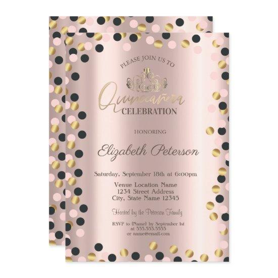 Elegant Gold Dots, Tiara,Rose Gold Quinceañera Inv