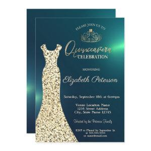 Elegant Gold Dress, Tiara Green Quinceañera