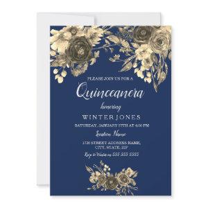 Elegant Gold Floral Navy Blue Quinceanera Inivte