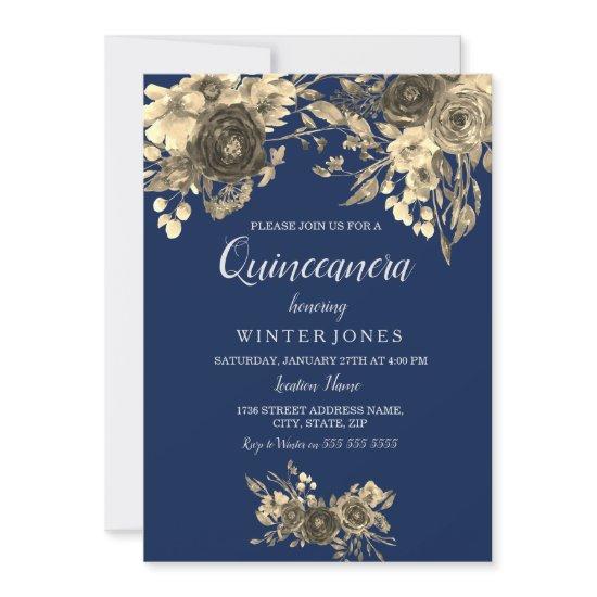 Elegant Gold Floral Navy Blue Quinceanera Inivte