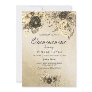 Elegant Gold Floral Quinceanera Invite