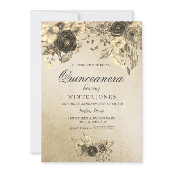 Elegant Gold Floral Quinceanera Invite