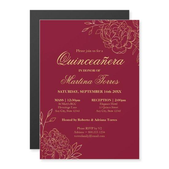 Elegant Gold Flowers Burgundy Floral Quinceanera Magnetic