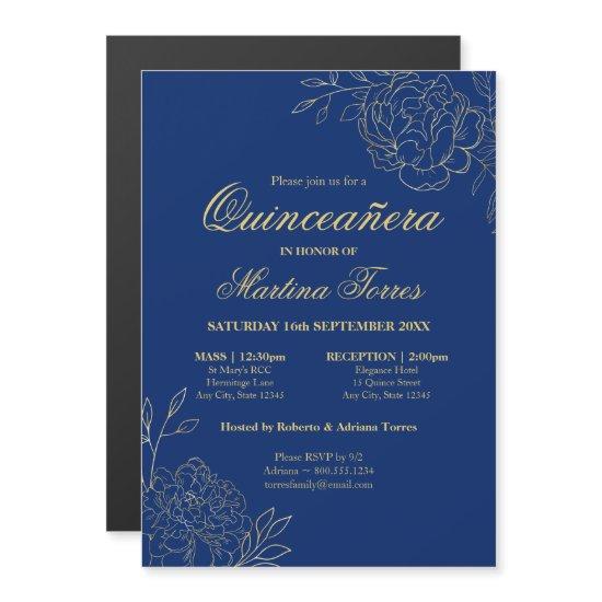 Elegant Gold Flowers Royal Blue Floral Quinceanera Magnetic