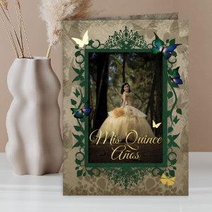 Elegant Gold Green Butterflies Quinceanera Invite Foil Greeting Card