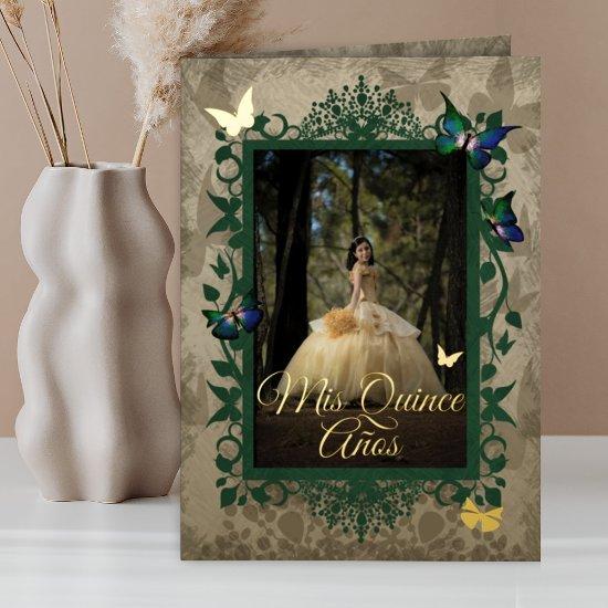 Elegant Gold Green Butterflies Quinceanera Invite Foil Greeting Card