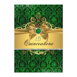 Elegant Gold Green Damask Quinceanera Invite
