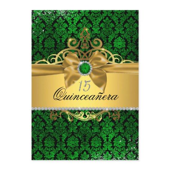Elegant Gold Green Damask Quinceanera Invite