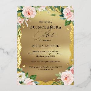 Elegant Gold Lace Pink Floral Photo Quinceanera  Foil