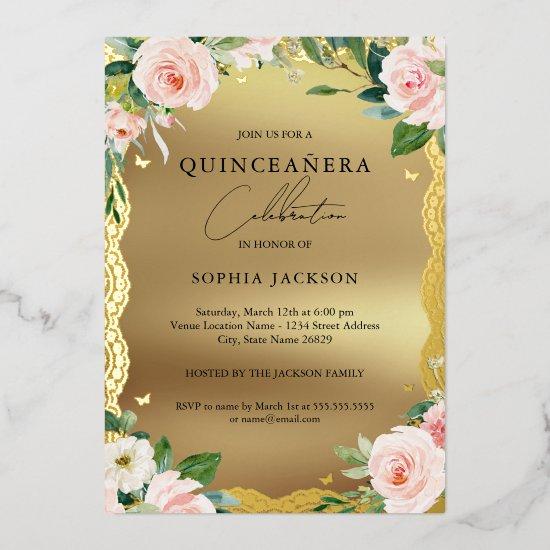 Elegant Gold Lace Pink Floral Photo Quinceanera  Foil