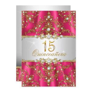 Elegant Gold Pearl Damask Quinceanera Invite