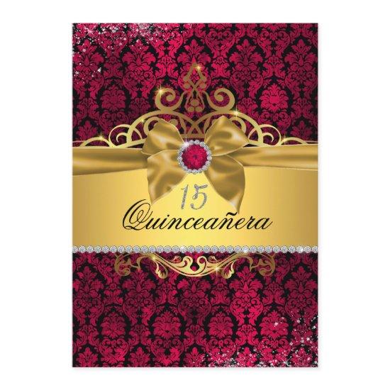 Elegant Gold Pink Damask Quinceanera Invite