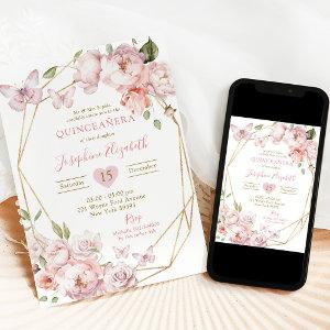Elegant Gold Pink Floral Mis Quince Años Birthday