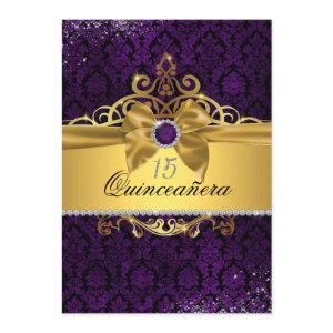 Elegant Gold Purple Damask Quinceanera Invite