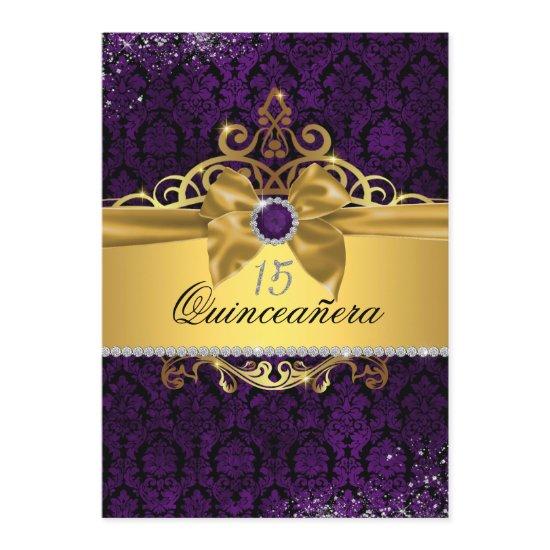 Elegant Gold Purple Damask Quinceanera Invite