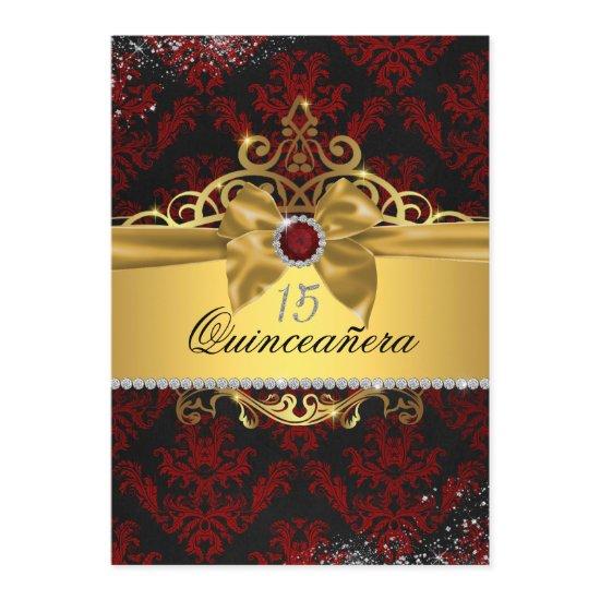 Elegant Gold Red Damask Quinceanera Invite
