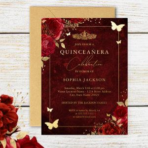 Elegant Gold Red Floral Butterfly Quinceanera Foil