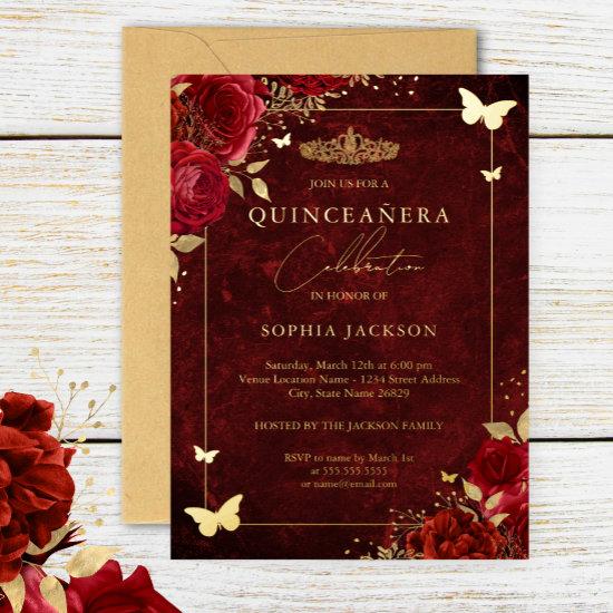 Elegant Gold Red Floral Butterfly Quinceanera Foil