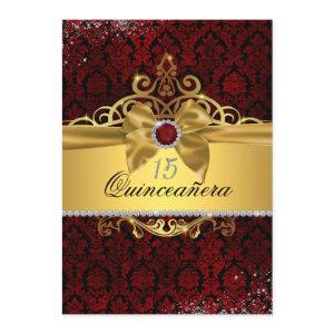 Elegant Gold Ruby Red Damask Quinceanera Invite